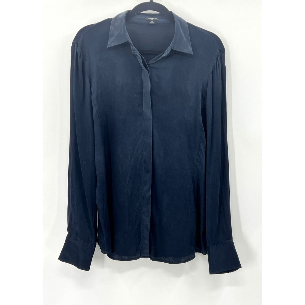 Ann Taylor Silk Blouse Womens 10 Navy Blue Good Hidden Button Long Sleeve Top